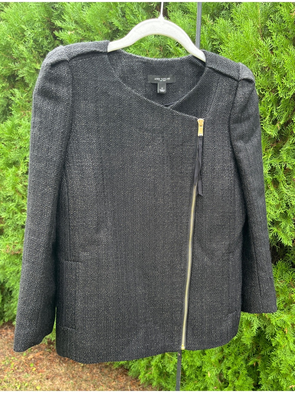 Ann Taylor Black with Gold Flecks Textured Asymmetrical Tweed Zip Jacket